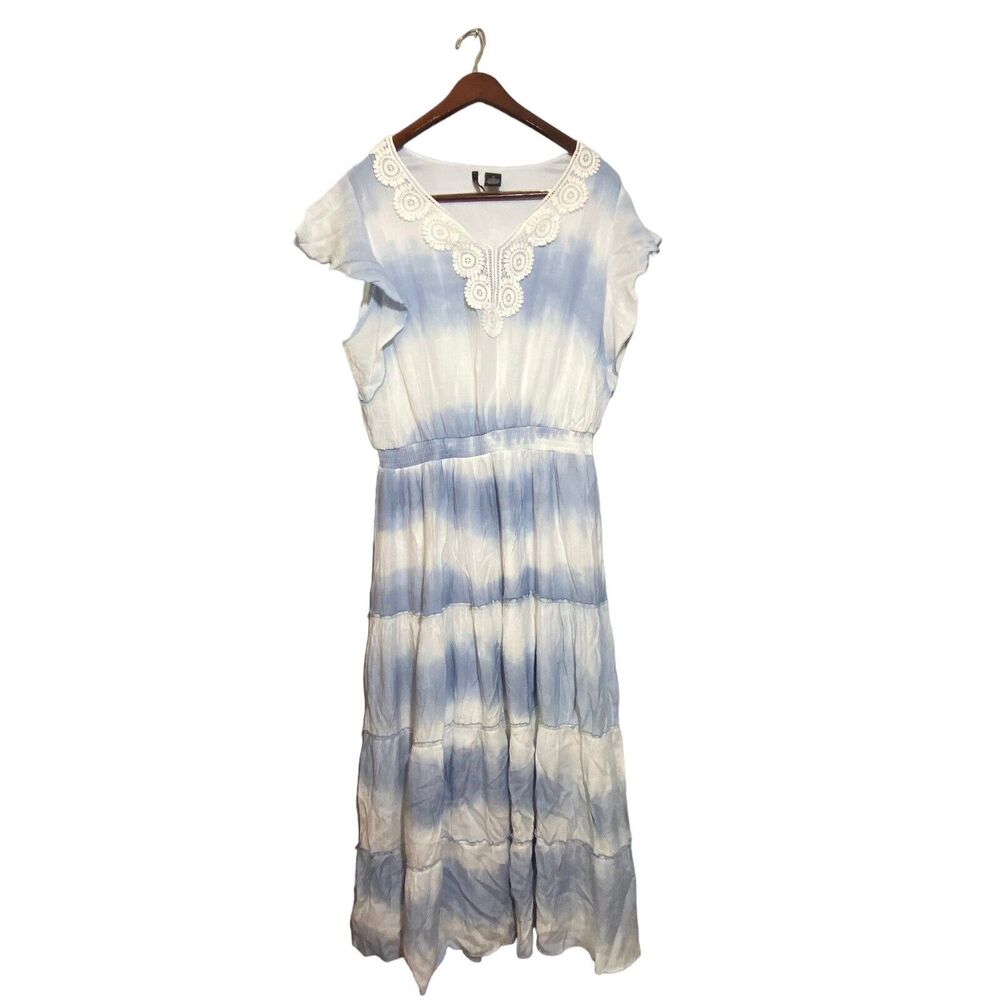 New Directions Plus Size 3XL Tie Dye Long Maxi Dress Crochet Detail Blue White